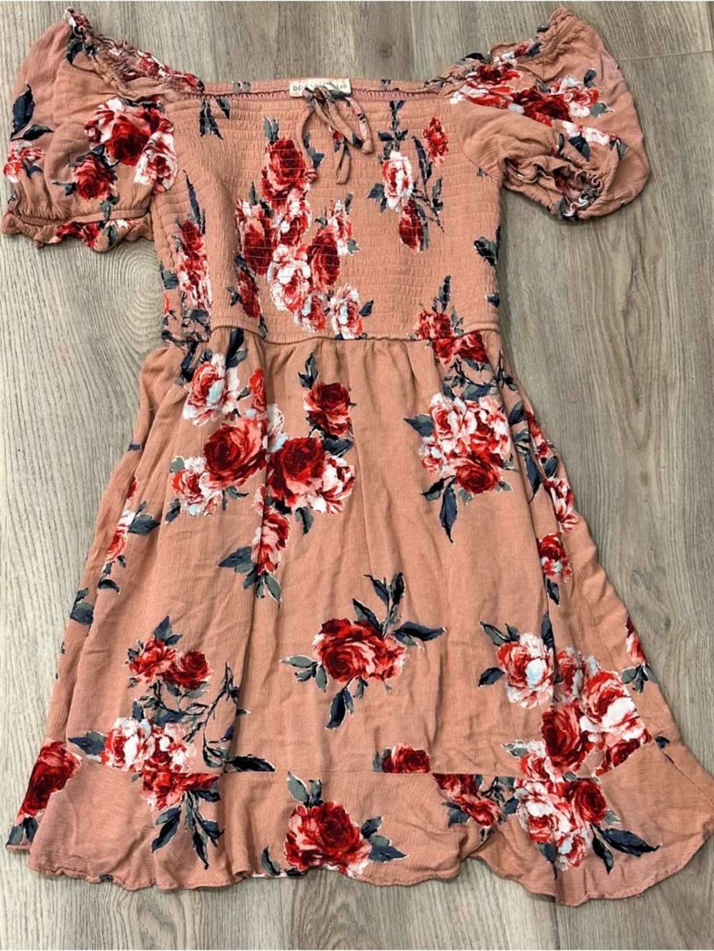 Pink Floral Shirred Short Sleeve Dress